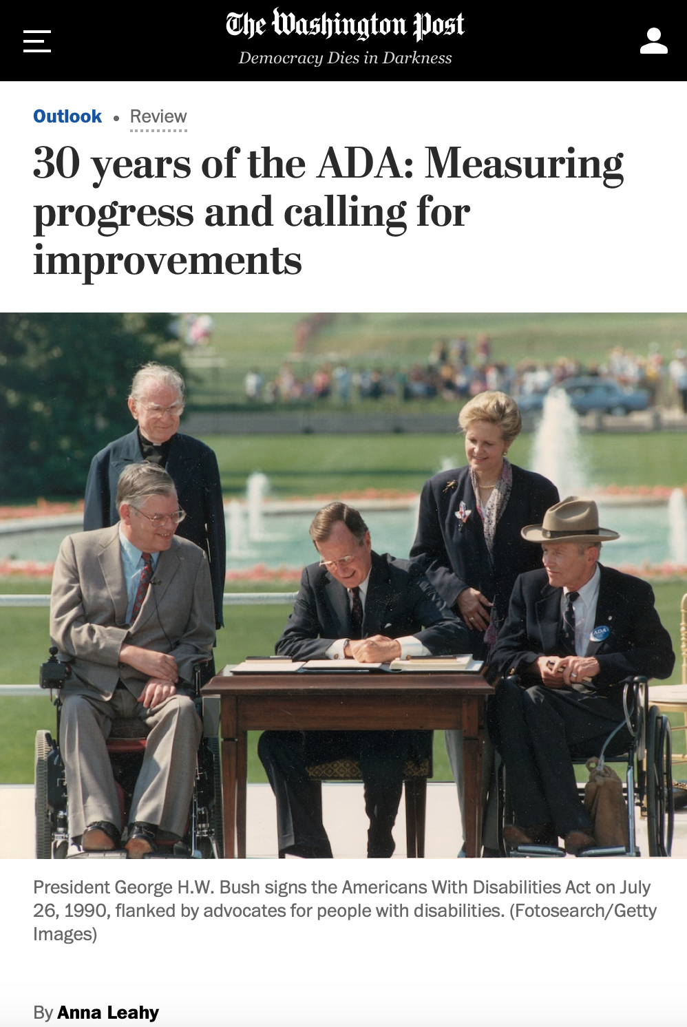 The Washington Post, 30 Years of the ADA, with photo of President George Bush and four others at table for bill signing